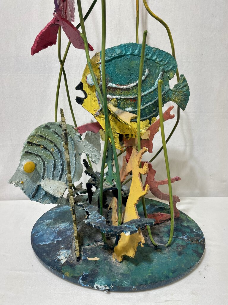 Plasma Cut Metal Sculpture Colorful Fish in Seaweeds Signed Base O.K. (Rough and Heavy)