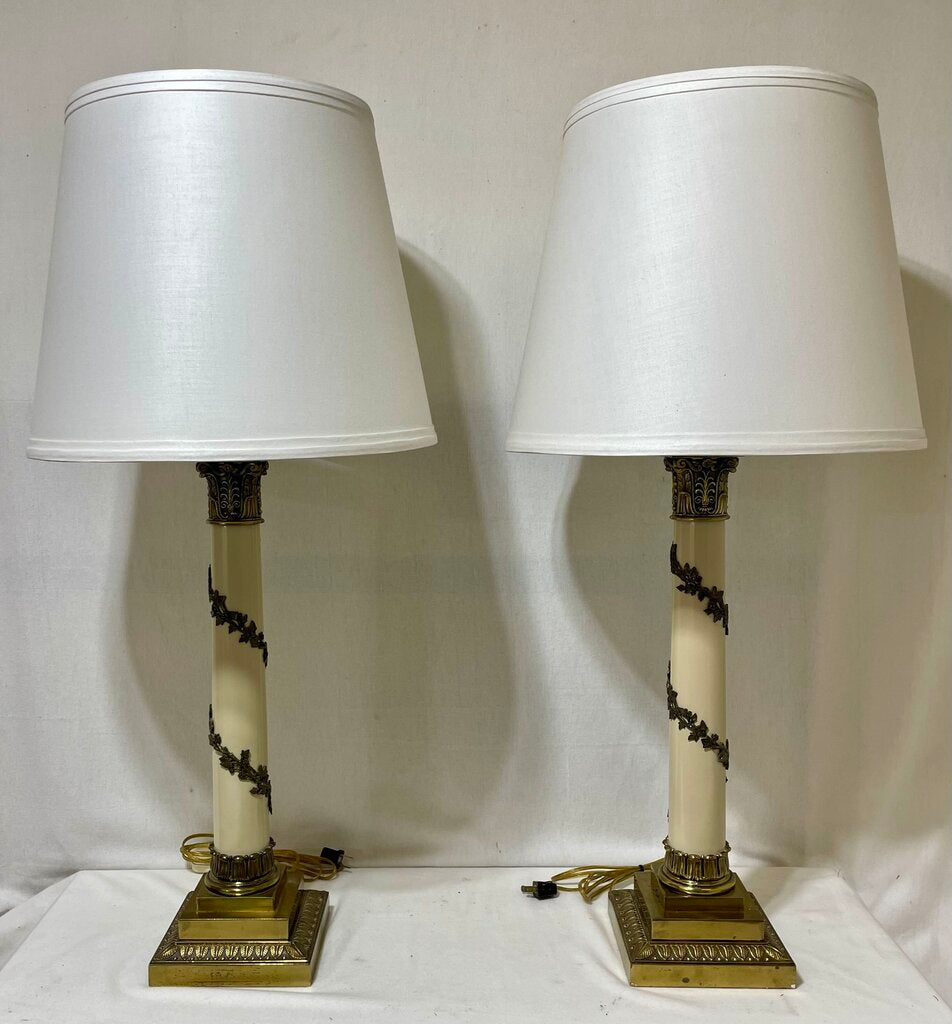 Vintage Stiffel Neoclassical Torchiere Brass Column Table Lamps (PAIR)