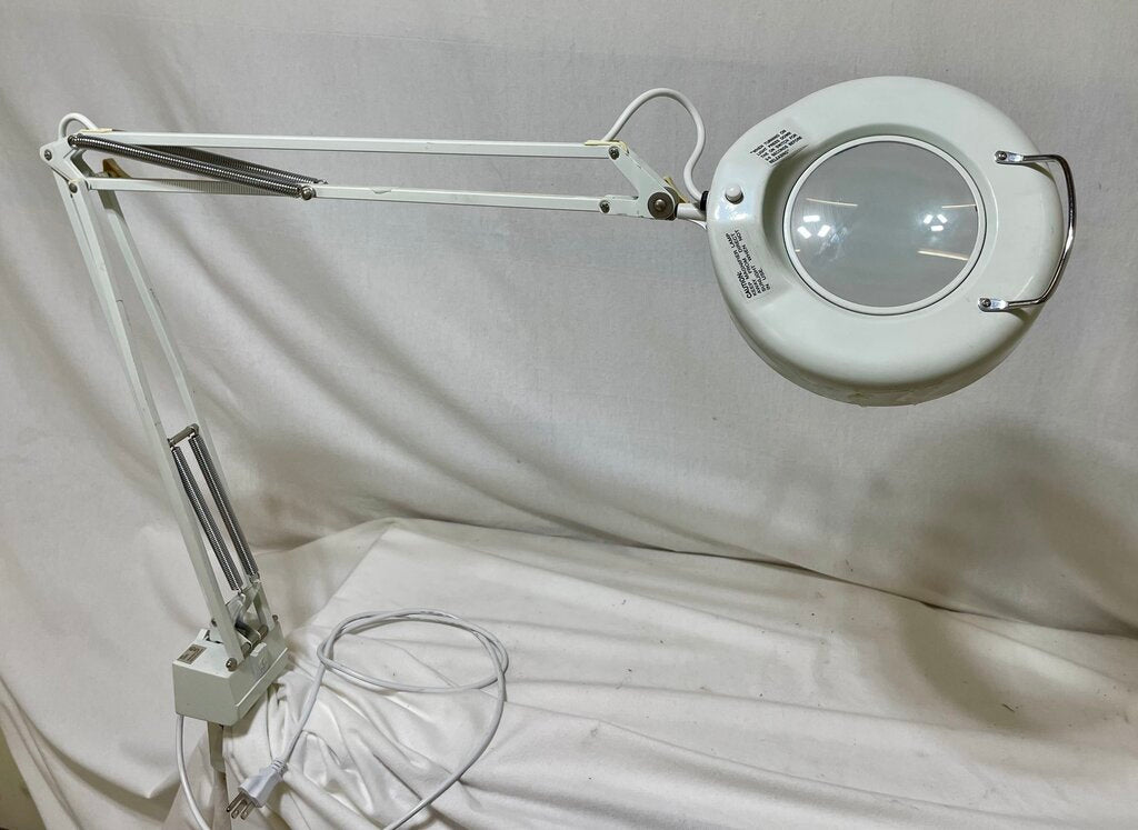 LTS White Fully Articulating Desk Mount Inspection Lamp with Magnifier
