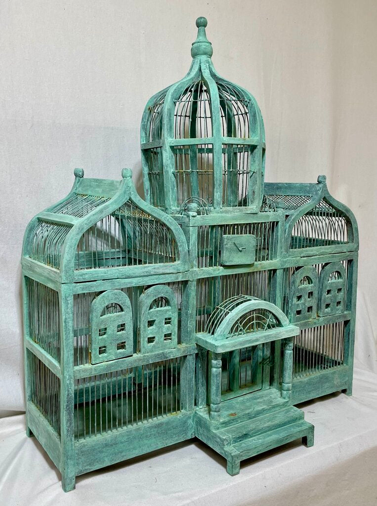 Vintage Victorian Style Gray Washed Wood & Wire Bird Cage