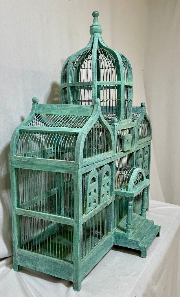 Vintage Victorian Style Gray Washed Wood & Wire Bird Cage