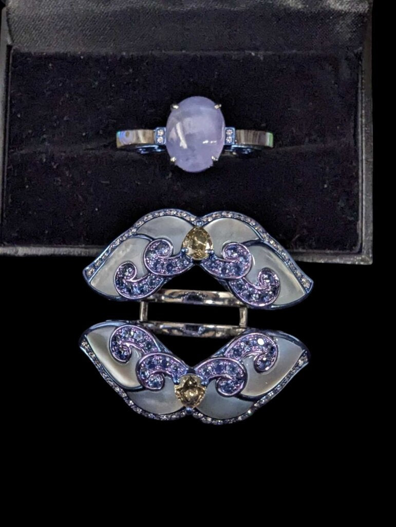 Star Sapphire & Diamond Ring 2-Ring Set 18k White Gold