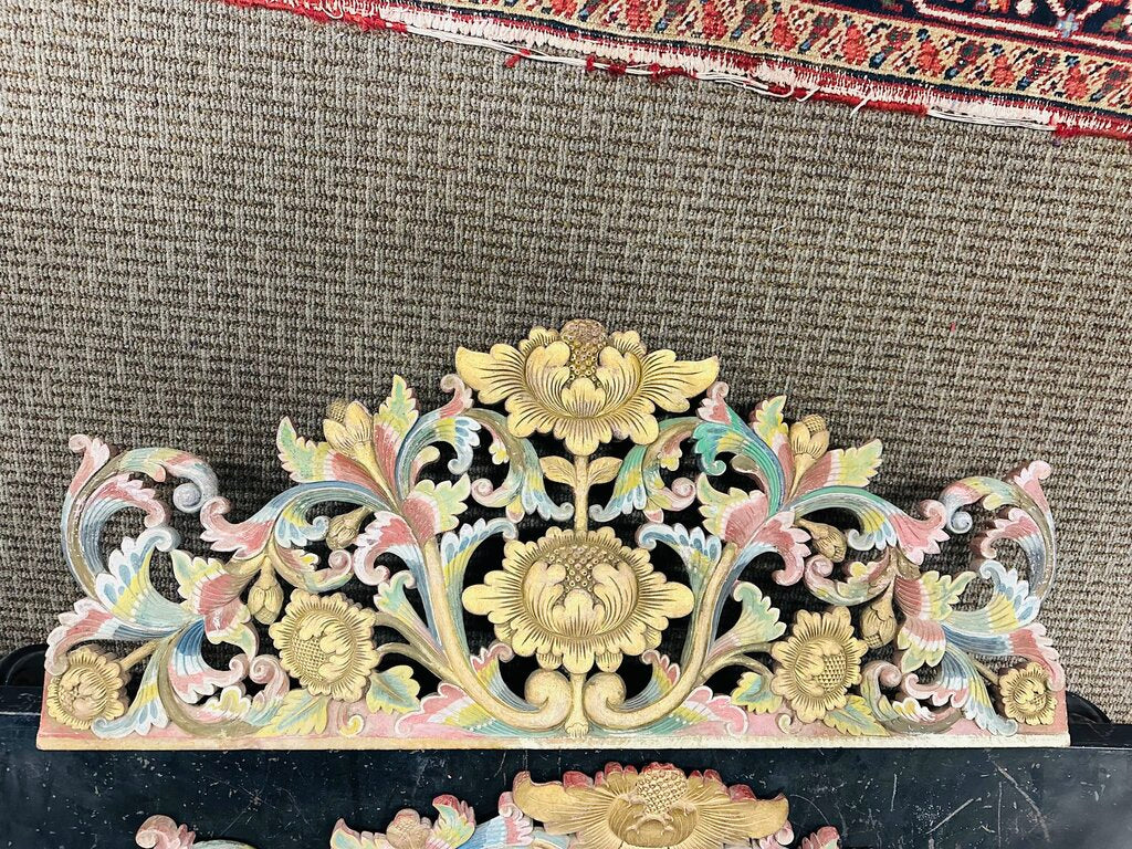 Colorful Indonesian Carved Wood Painted and Gilded Panels (Pair) 42x17