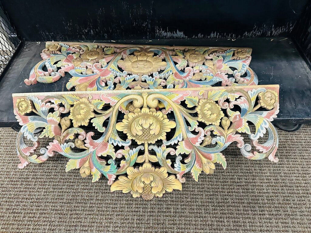 Colorful Indonesian Carved Wood Painted and Gilded Panels (Pair) 42x17