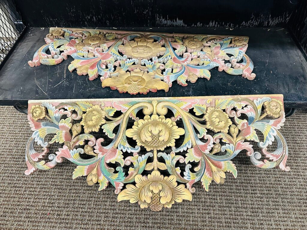 Colorful Indonesian Carved Wood Painted and Gilded Panels (Pair) 42x17