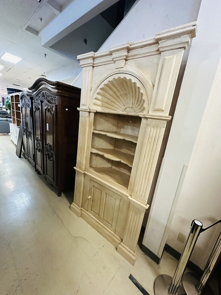 2 Piece Shell Carved Corner Cabinet 49x26x94 (Impressive Pine Corner Cabinet Base With Coordinating 4-Shelf Topper Featuring Carvings)