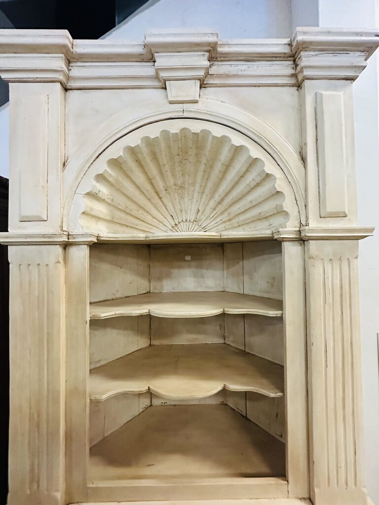 2 Piece Shell Carved Corner Cabinet 49x26x94 (Impressive Pine Corner Cabinet Base With Coordinating 4-Shelf Topper Featuring Carvings)