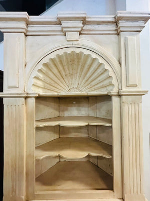 2 Piece Shell Carved Corner Cabinet 49x26x94 (Impressive Pine Corner Cabinet Base With Coordinating 4-Shelf Topper Featuring Carvings)