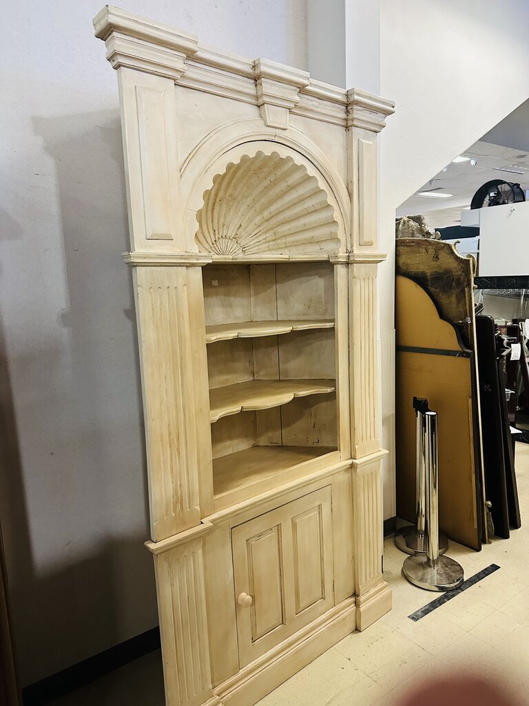 2 Piece Shell Carved Corner Cabinet 49x26x94 (Impressive Pine Corner Cabinet Base With Coordinating 4-Shelf Topper Featuring Carvings)