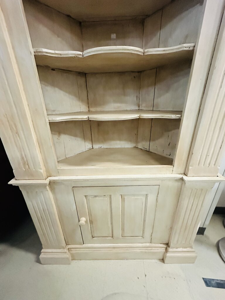 2 Piece Shell Carved Corner Cabinet 49x26x94 (Impressive Pine Corner Cabinet Base With Coordinating 4-Shelf Topper Featuring Carvings)