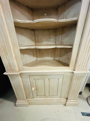 2 Piece Shell Carved Corner Cabinet 49x26x94 (Impressive Pine Corner Cabinet Base With Coordinating 4-Shelf Topper Featuring Carvings)