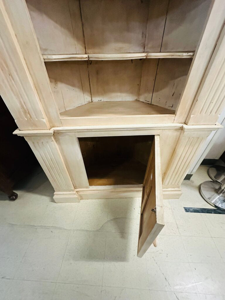 2 Piece Shell Carved Corner Cabinet 49x26x94 (Impressive Pine Corner Cabinet Base With Coordinating 4-Shelf Topper Featuring Carvings)
