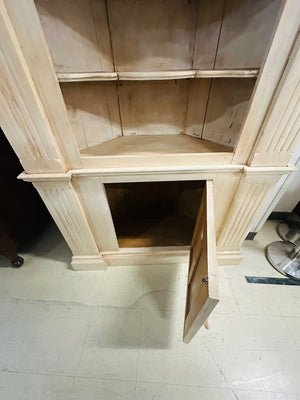 2 Piece Shell Carved Corner Cabinet 49x26x94 (Impressive Pine Corner Cabinet Base With Coordinating 4-Shelf Topper Featuring Carvings)