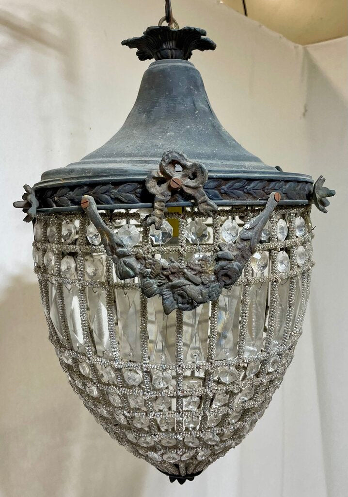 Antique French Style Belgian Brass Crystal and Beaded Chandelier / Pendant Lamp