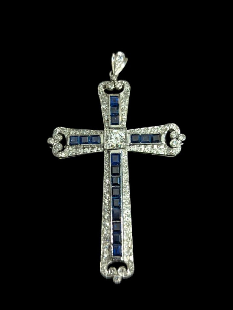 Diamond & Sapphire Cross Pendant 14k White Gold