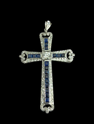 Diamond & Sapphire Cross Pendant 14k White Gold