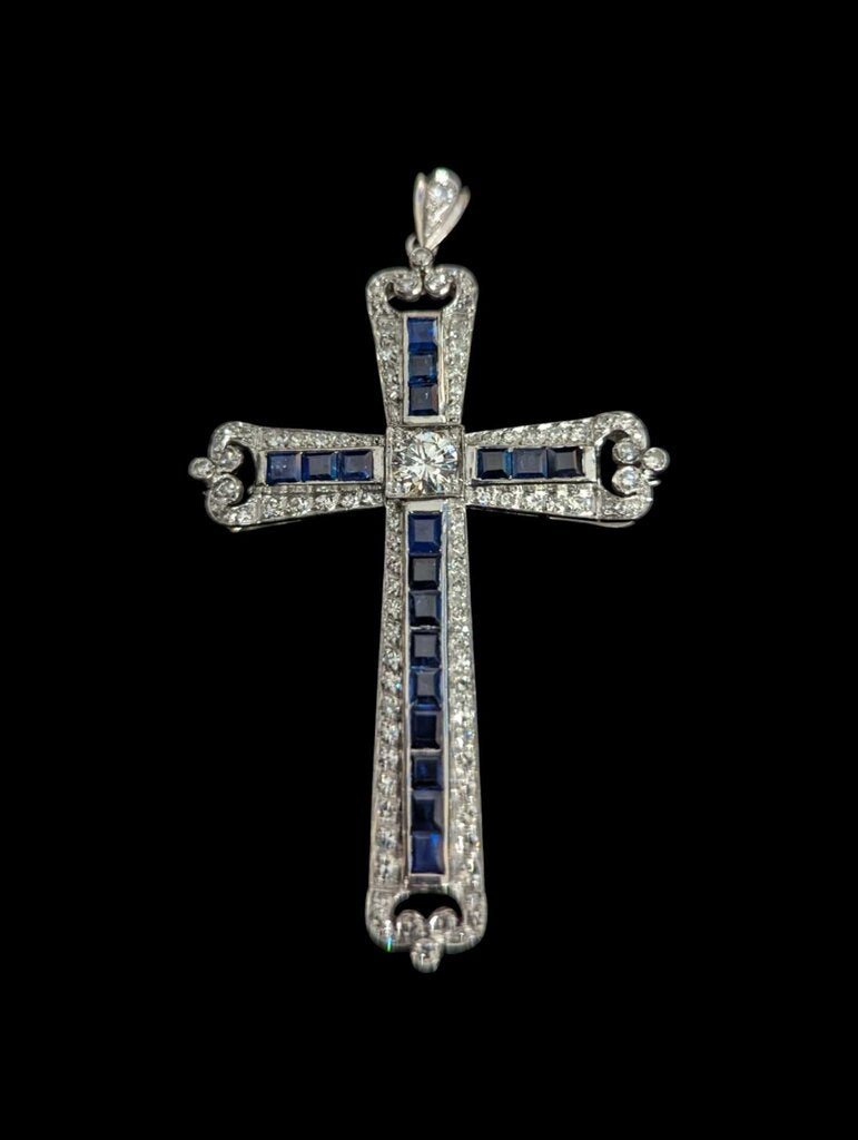 Diamond & Sapphire Cross Pendant 14k White Gold