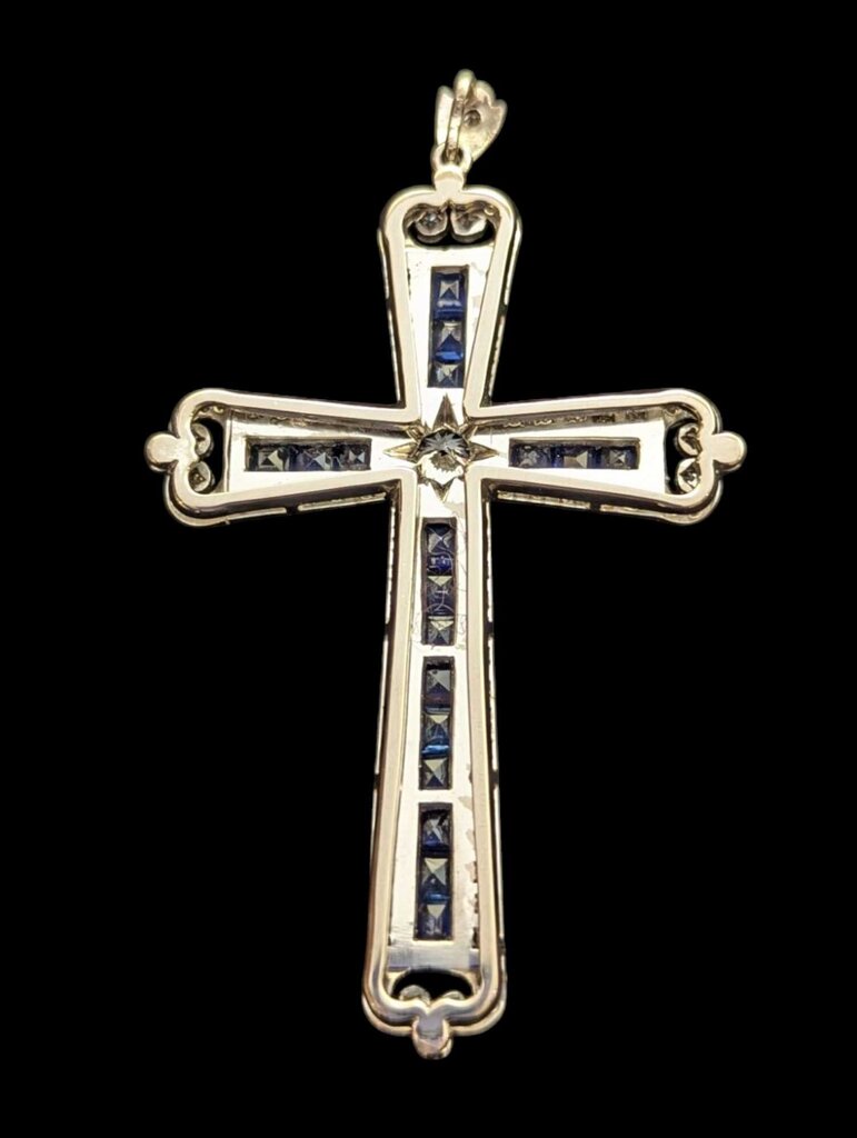 Diamond & Sapphire Cross Pendant 14k White Gold