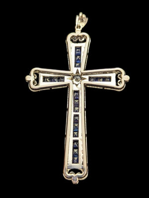 Diamond & Sapphire Cross Pendant 14k White Gold