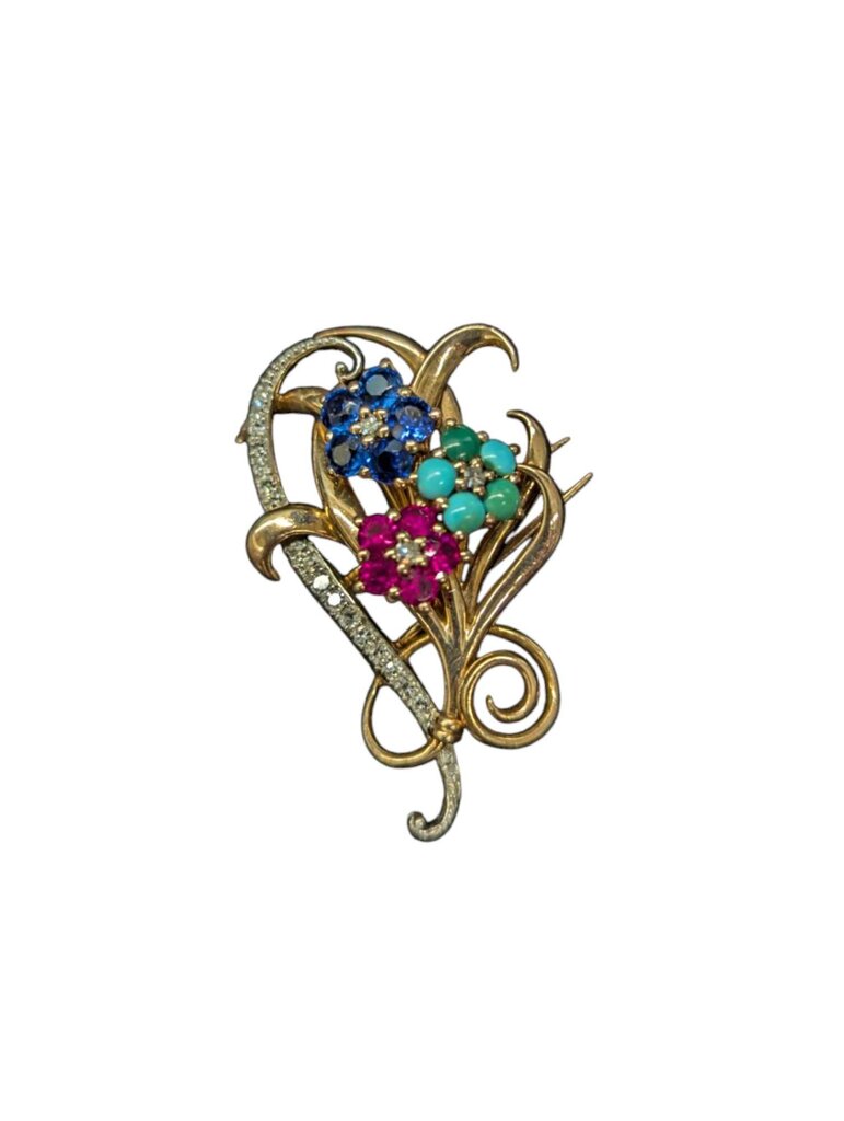 Gold & Platinum Brooch w/ Ruby, Sapphire, Turquoise & Diamonds