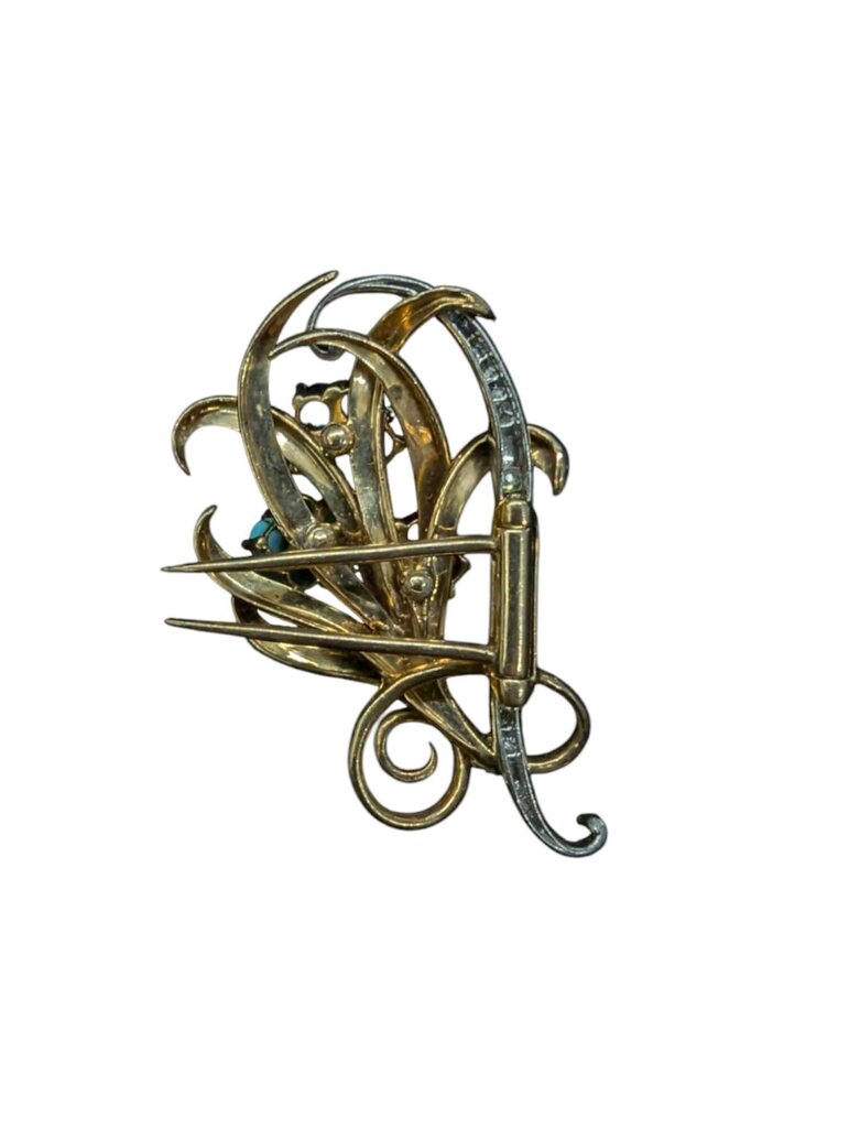 Gold & Platinum Brooch w/ Ruby, Sapphire, Turquoise & Diamonds