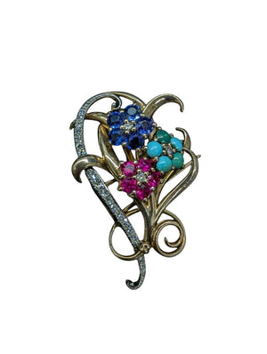 Gold & Platinum Brooch w/ Ruby, Sapphire, Turquoise & Diamonds