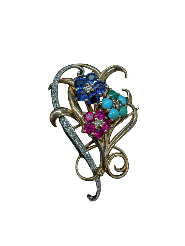 Gold & Platinum Brooch w/ Ruby, Sapphire, Turquoise & Diamonds
