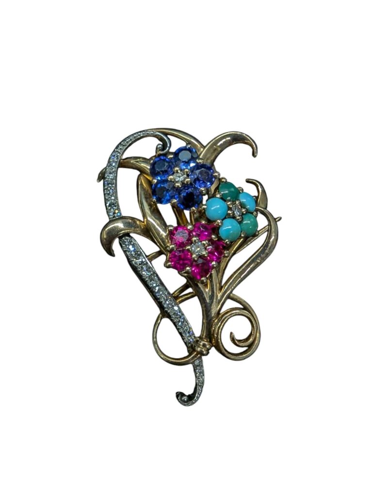 Gold & Platinum Brooch w/ Ruby, Sapphire, Turquoise & Diamonds