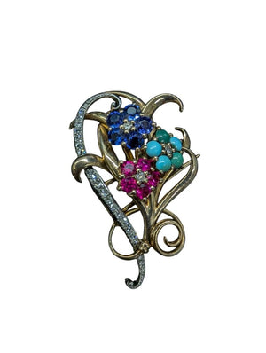 Gold & Platinum Brooch w/ Ruby, Sapphire, Turquoise & Diamonds