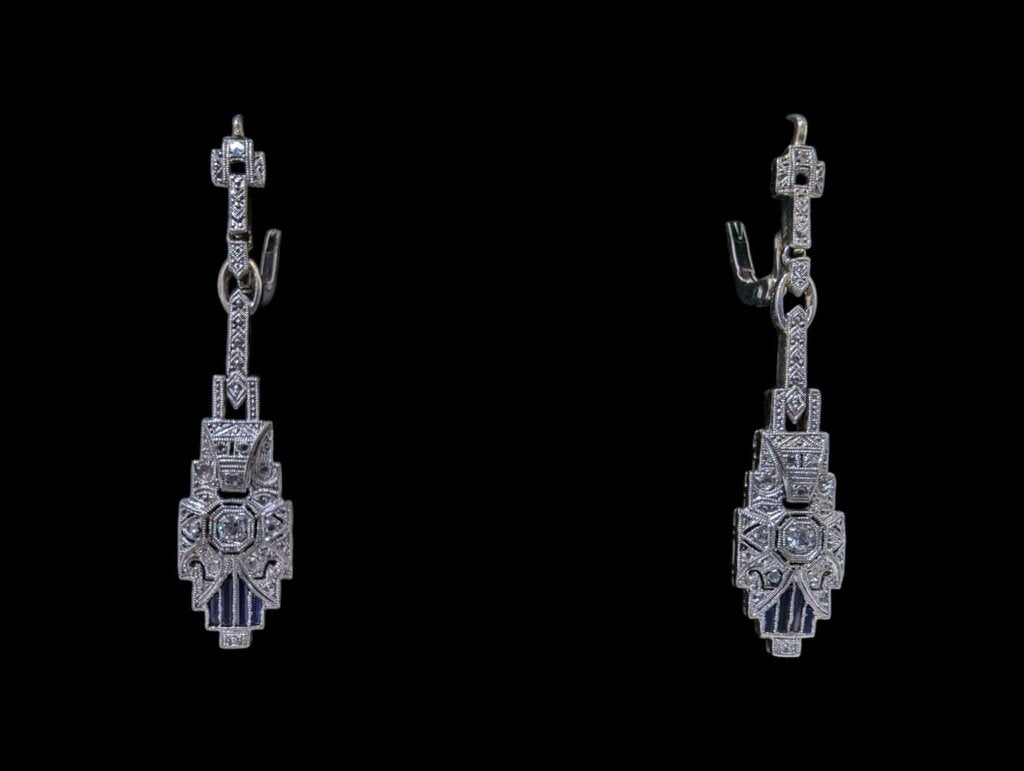 Deco Style Diamond & Sapphire Earrings 14k White Gold