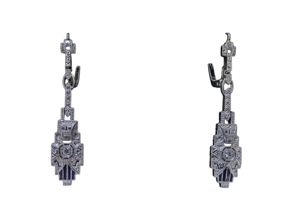 Deco Style Diamond & Sapphire Earrings 14k White Gold by Miss Daisy's Consignment & Auction House