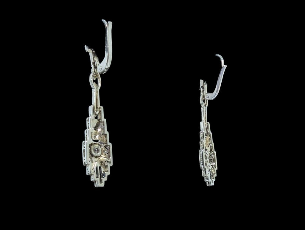 Deco Style Diamond & Sapphire Earrings 14k White Gold