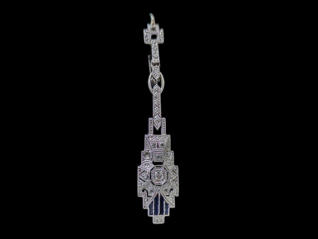 Deco Style Diamond & Sapphire Earrings 14k White Gold