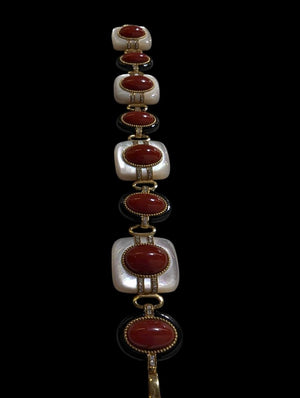 Bracelet w/ Coral, Diamond, Mother of Pearl & Black Onyx 18k yellow Gold