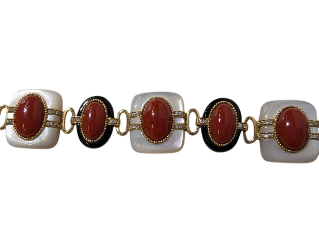 Bracelet w/ Coral, Diamond, Mother of Pearl & Black Onyx 18k yellow Gold