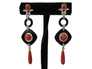 Earrings w/ Coral, Diamond & Black Onyx 18k White Gold