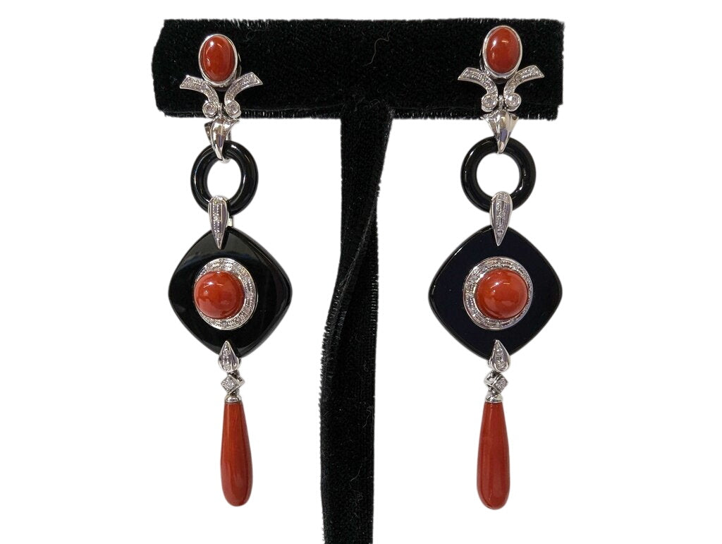 Earrings w/ Coral, Diamond & Black Onyx 18k White Gold
