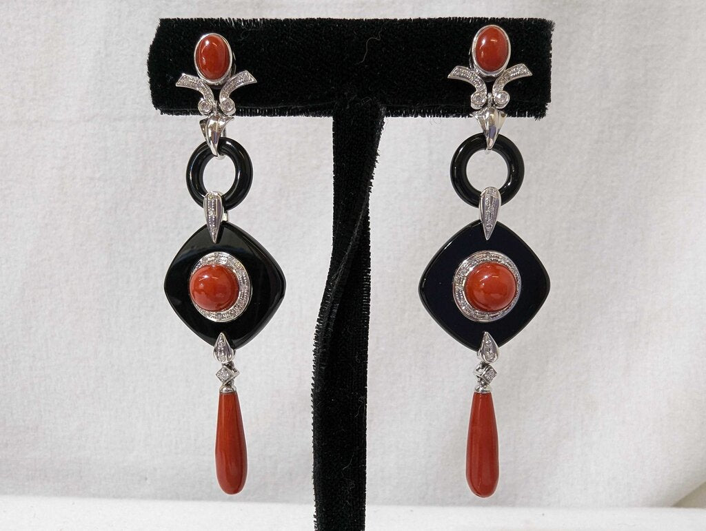 Earrings w/ Coral, Diamond & Black Onyx 18k White Gold