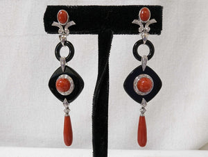 Earrings w/ Coral, Diamond & Black Onyx 18k White Gold
