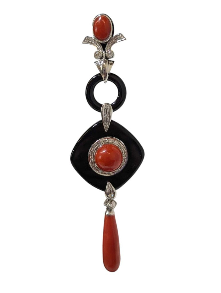 Earrings w/ Coral, Diamond & Black Onyx 18k White Gold