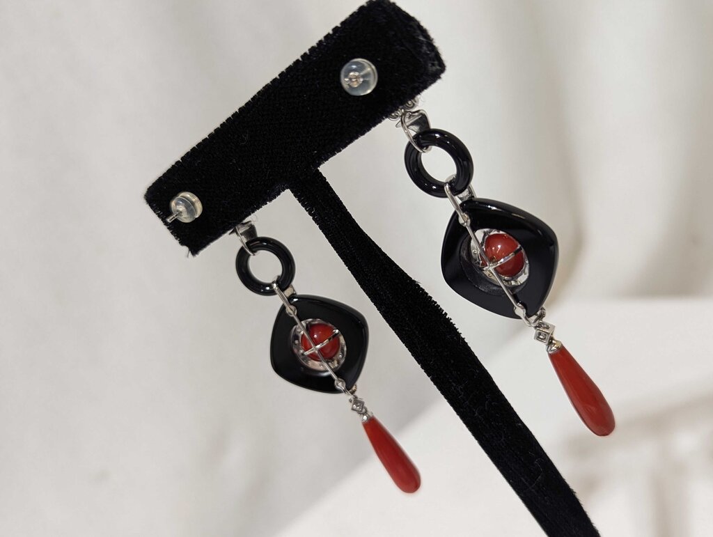 Earrings w/ Coral, Diamond & Black Onyx 18k White Gold