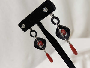 Earrings w/ Coral, Diamond & Black Onyx 18k White Gold