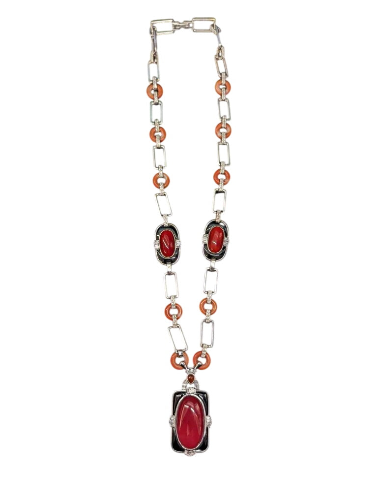 Necklace w/ Coral, Diamond & Black Onyx 18k White Gold
