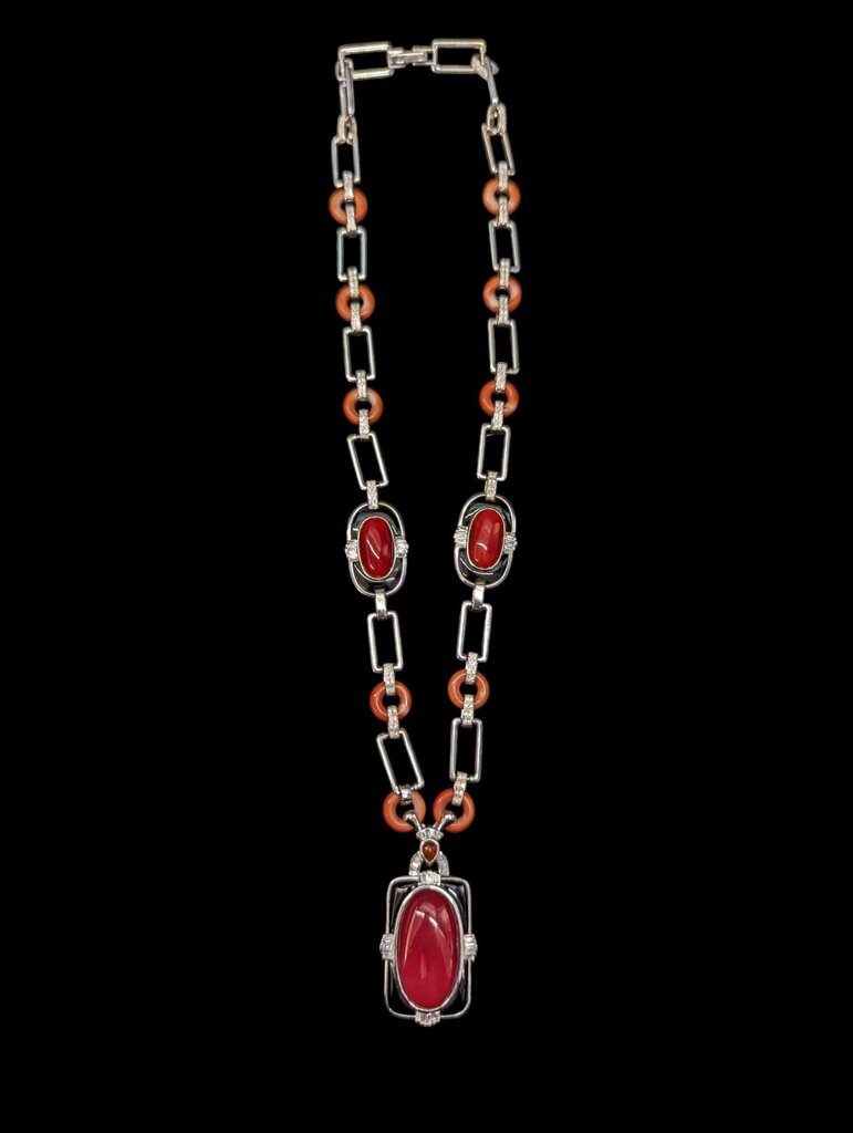 Necklace w/ Coral, Diamond & Black Onyx 18k White Gold