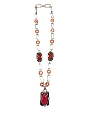 Necklace w/ Coral, Diamond & Black Onyx 18k White Gold