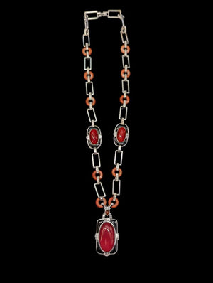 Necklace w/ Coral, Diamond & Black Onyx 18k White Gold