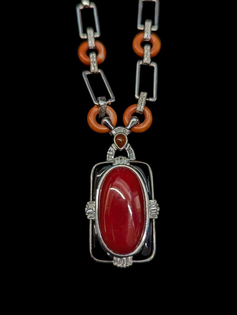 Necklace w/ Coral, Diamond & Black Onyx 18k White Gold