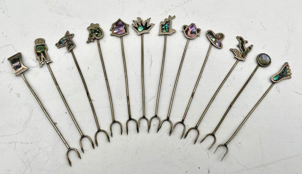 Taxco Mexico Sterling Sliver & Abalone Shell Accent Appetizer Forks (12Pcs)