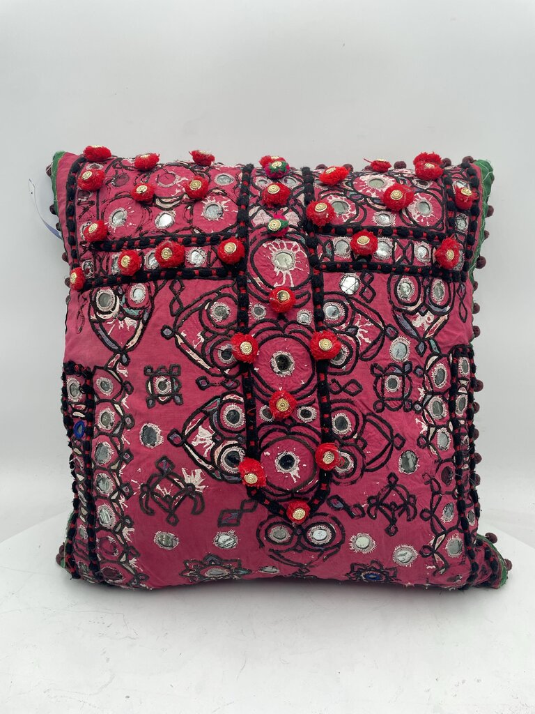 India Style Gujurati Chakla Cushions Multicolor Red Sequin Embroidered Green Panel Tasseled Pillow 18" (c)