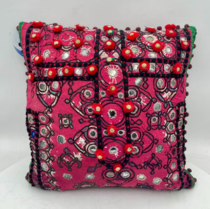 India Style Gujurati Chakla Cushions Multicolor Red Sequin Embroidered Green Panel Tasseled Pillow 18" (c)